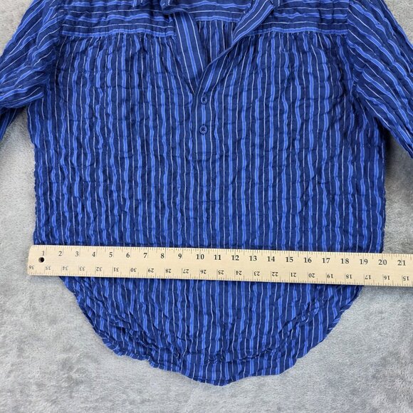 Margaret O'Leary Shirt Womens Medium Blue Striped Crinkle Button Front Top - Picture 8 of 9